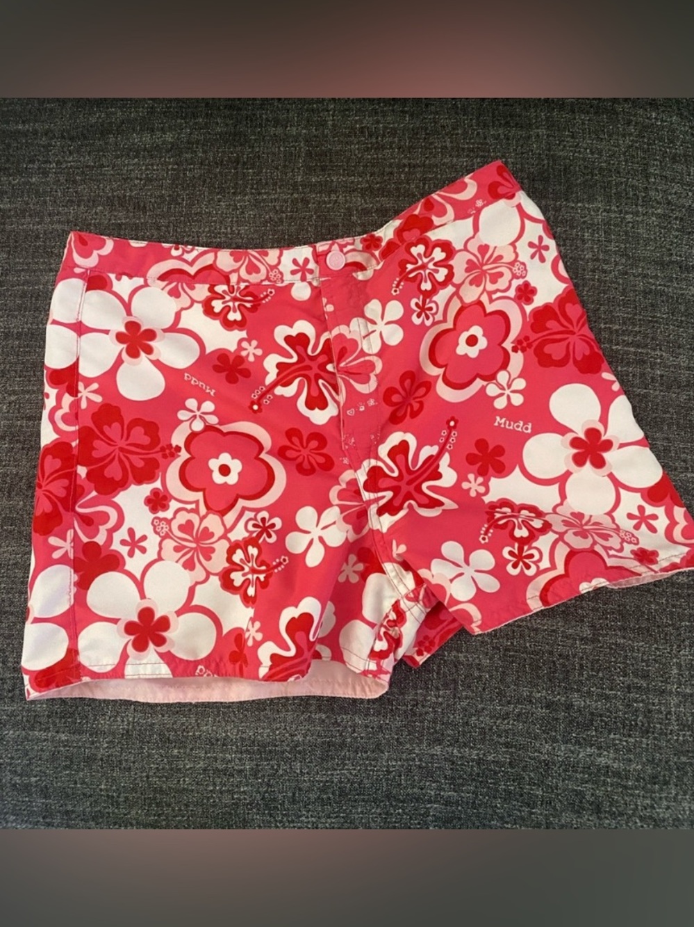 Vintage Mudd Pink and White Floral Swim Shorts Reversible Hibiscus M